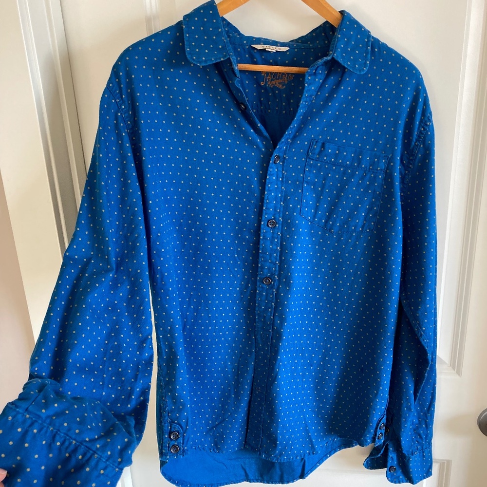 The Original Jach's Fitted Button down Shirt Royal  Blue with Gold dots Sz S-M